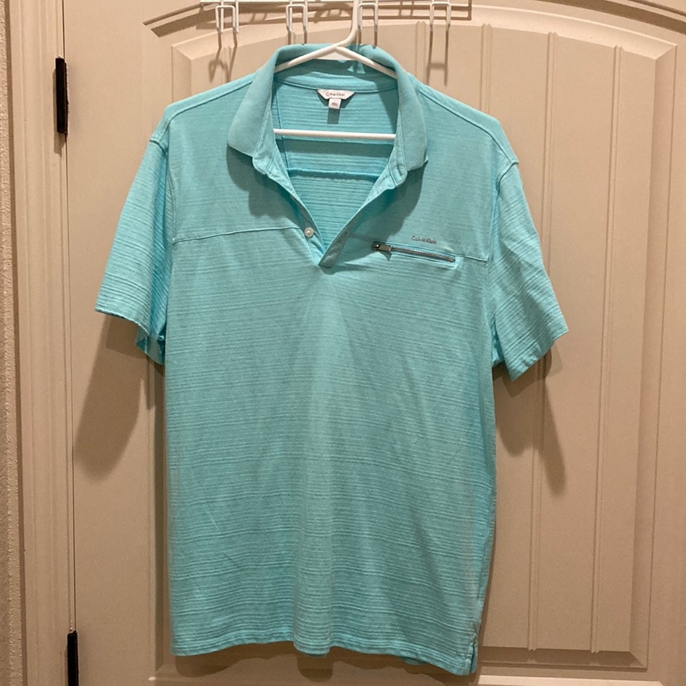 SALE PRICE Calvin Klein Men’s Sz L Polo Golf Shirt Zip Pocket Teal Stripe